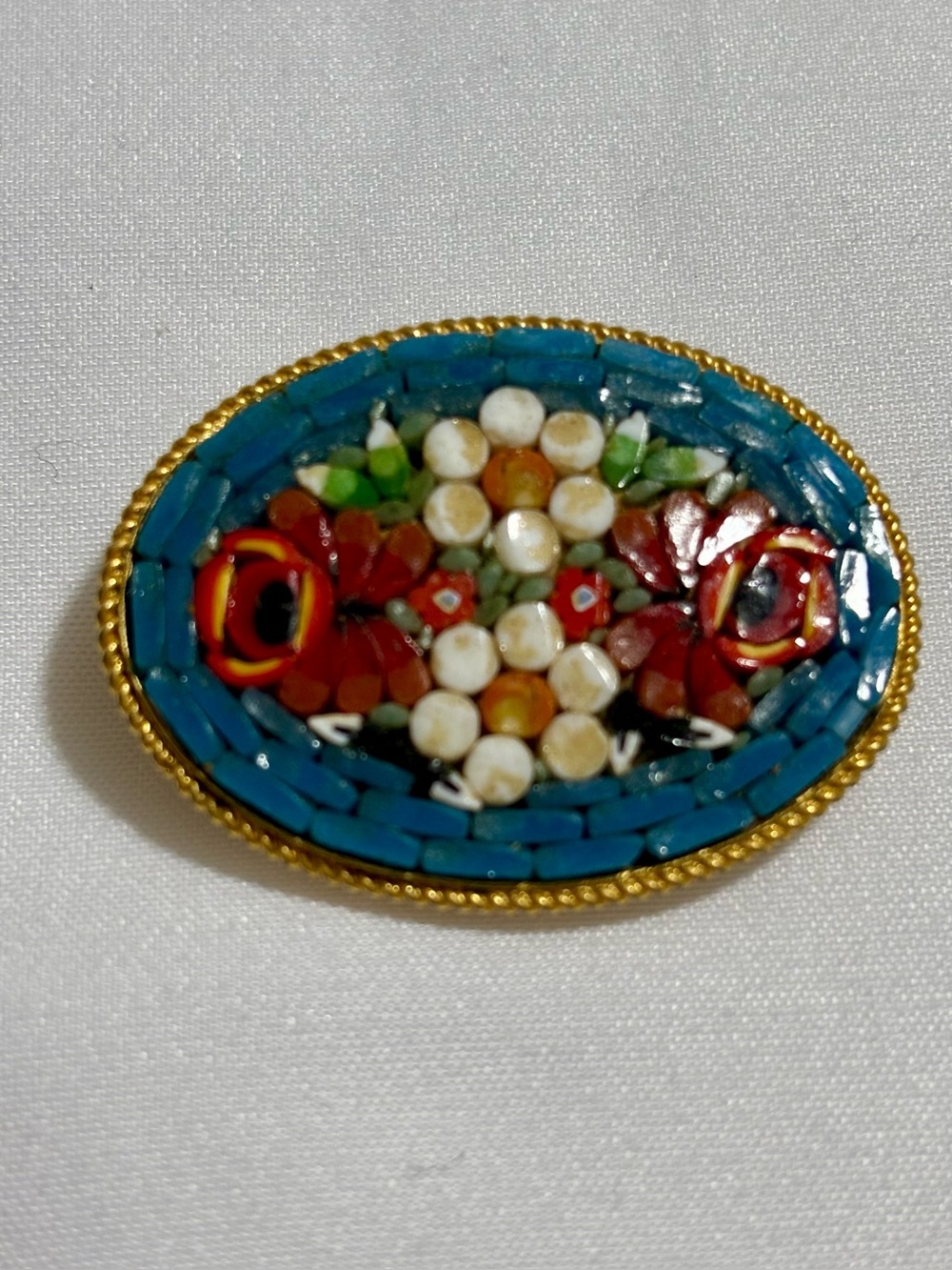 Vintage micro mosaic brooch pin green
